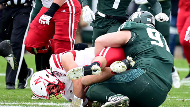 NU vs. MSU 2023 - Maverick Hansen sacks Heinrich Haarberg